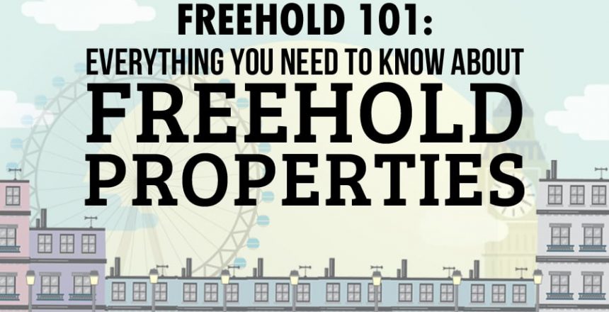 Illustration of London freehold property skyline with article title "Freehold 101: Everything you need to know about Freehold Properties"